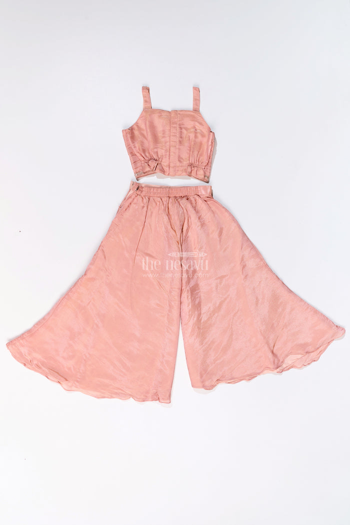 The Nesavu Girls Sharara / Plazo Set Girls Sharara Plazo Set with Embellished Jacket and Flowy Pants in Peach Nesavu Nesavu Girls Peach Sharara Plazo Set Embellished Jacket Flowy Pants
