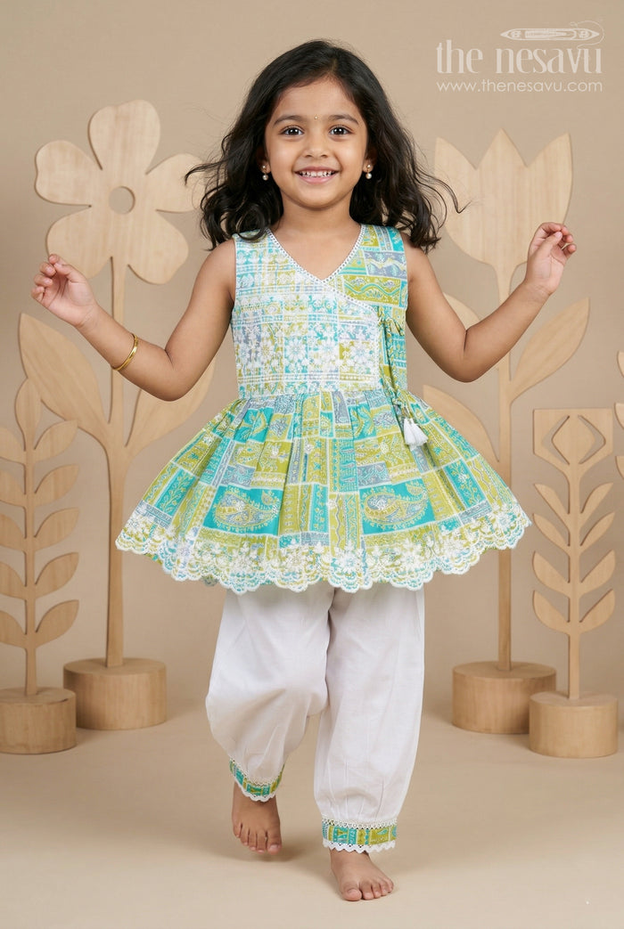 The Nesavu Girls Sharara / Plazo Set Girls Sharara Set for Casual Festive Wear and Outings Nesavu 18 (2Y) / Green / Cotton GPS1039A-18 Nesavu Girls Cotton Sharara Set With Digital Print For Casual Festive Wear And Daily Comfort Outfit