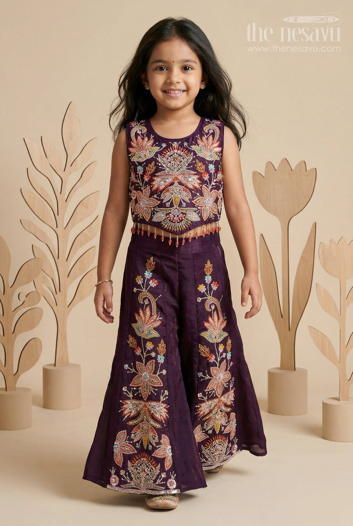 The Nesavu Girls Sharara / Plazo Set Girls Sharara Set for Diwali and Pongal Events Nesavu 18 (2Y) / Purple / Organza GPS1001D-18 Nesavu girls organza sharara set with designer embroidery for weddings and festive occasions