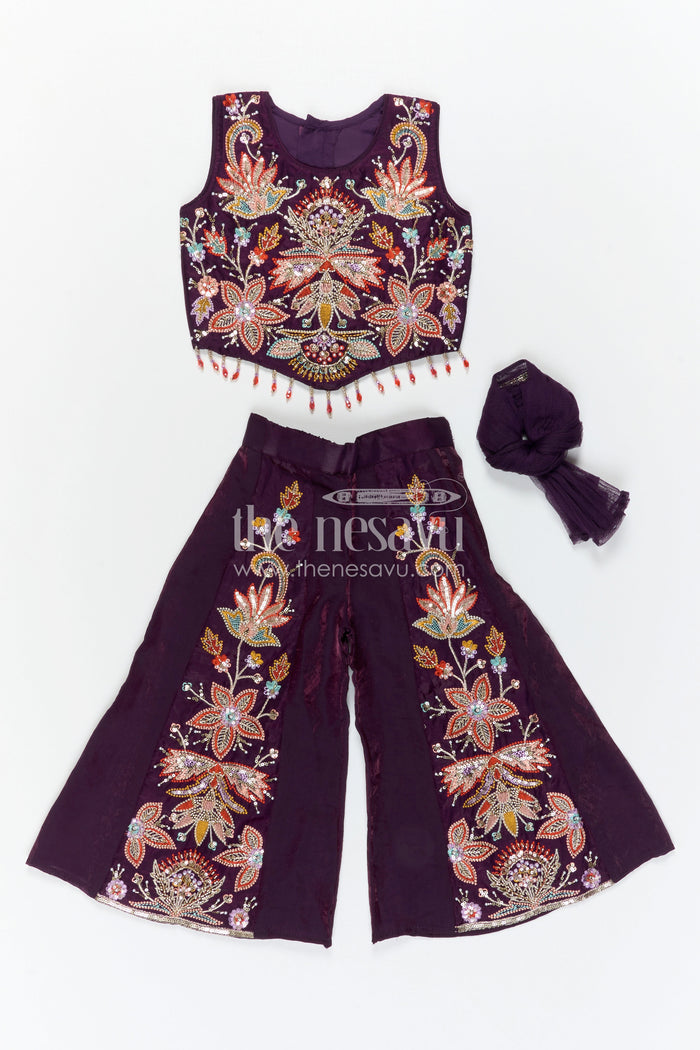 The Nesavu Girls Sharara / Plazo Set Girls Sharara Set for Diwali and Pongal Events Nesavu Nesavu girls organza sharara set with designer embroidery for weddings and festive occasions