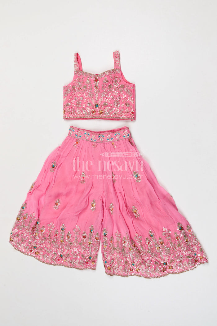 The Nesavu Girls Sharara / Plazo Set Girls Sharara Set for Festive Celebrations and Family Weddings Nesavu 18 (2Y) / Pink / Georgette GPS996A-18 Nesavu girls sharara set for weddings and festive celebrations georgette outfit with designer yoke