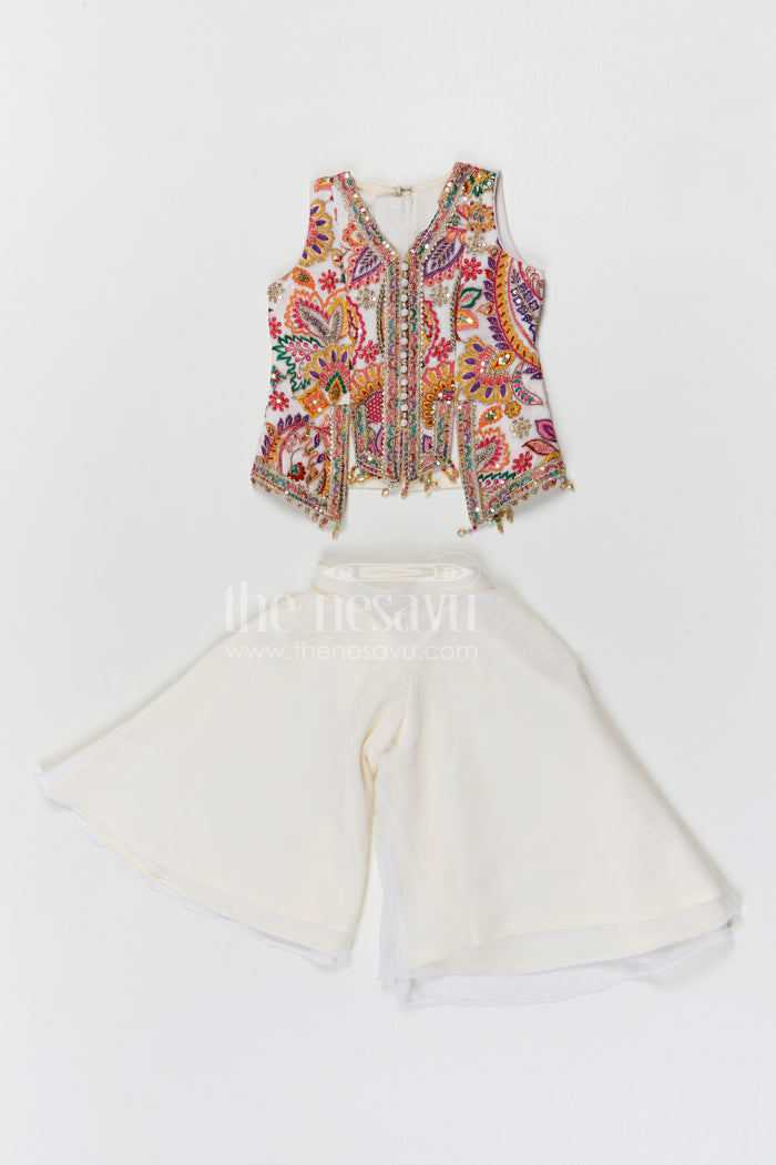 The Nesavu Girls Sharara / Plazo Set Girls Sharara Set for Festive Celebrations and Traditional Wear Nesavu 16 (1Y) / Half white / Georgette GPS969C-16 Nesavu girls georgette sharara set with designer embroidery yoke for festive celebrations and ethnic wear