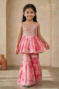 The Nesavu Girls Sharara / Plazo Set Girls Sharara Set for Festive Celebrations and Wedding Occasional Events Nesavu 16 (1Y) / Pink / Silk GPS1006A-16 Nesavu girls crepe silk sharara set with designer embroidered yoke for weddings and festive celebrations