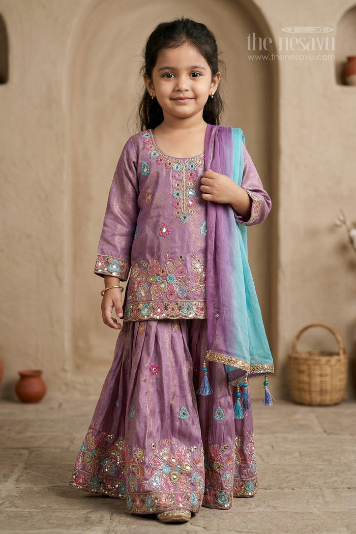 The Nesavu Girls Sharara / Plazo Set Girls Sharara Set for Festive Celebrations and Wedding Wear Nesavu 18 (2Y) / Purple / Viscose Silk GPS1020A-18 Nesavu girls viscose silk sharara set with designer embroidery for weddings and festive celebrations