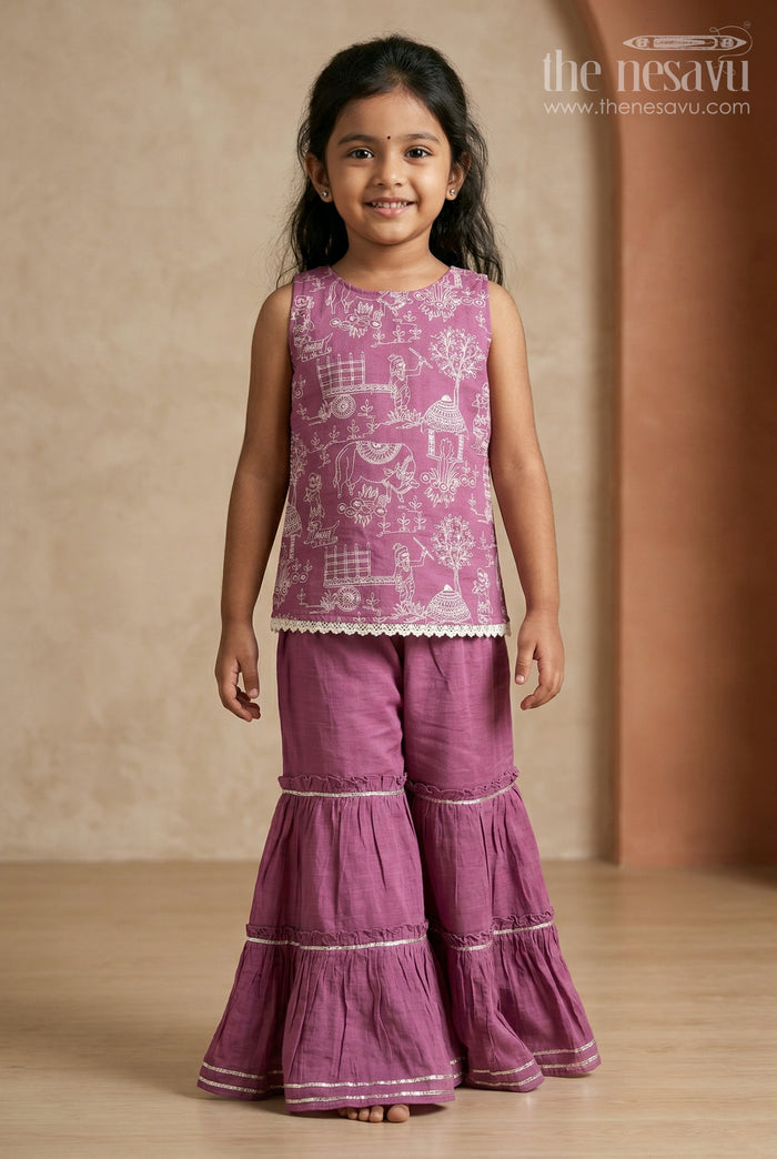 The Nesavu Girls Sharara / Plazo Set Girls Sharara Set for Festive Functions and Family Gathers Nesavu 18 (2Y) / Purple / Silk GPS1028A-18 Nesavu Girls Sharara Set For Festive Functions With Silk Crepe Fabric And Thread Embroidery Design