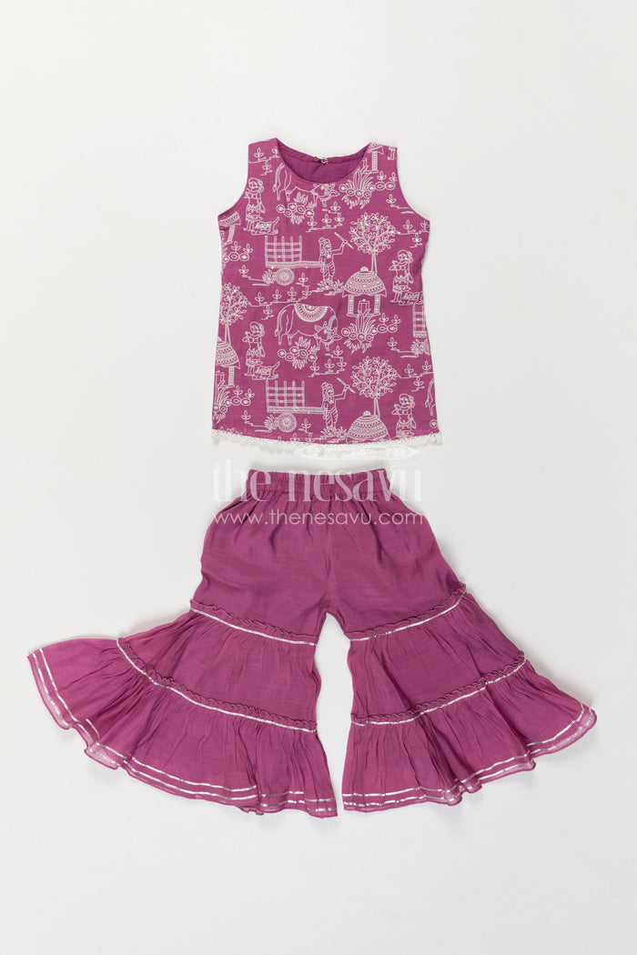 The Nesavu Girls Sharara / Plazo Set Girls Sharara Set for Festive Functions and Family Gathers Nesavu Nesavu Girls Sharara Set For Festive Functions With Silk Crepe Fabric And Thread Embroidery Design