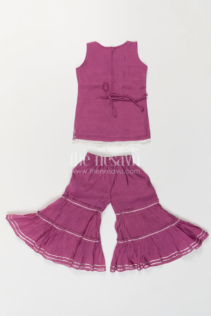 The Nesavu Girls Sharara / Plazo Set Girls Sharara Set for Festive Functions and Family Gathers Nesavu Nesavu Girls Sharara Set For Festive Functions With Silk Crepe Fabric And Thread Embroidery Design