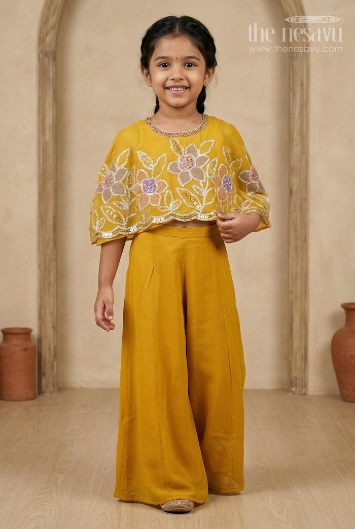 The Nesavu Girls Sharara / Plazo Set Girls Sharara Set for Festive Functions and Wedding Events Nesavu 22 (4Y) / Yellow / Georgette GPS1034A-22 Nesavu Girls Sharara Set For Festive Functions With Georgette And Sequence Embroidery Design