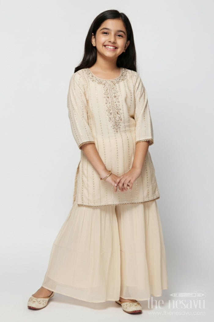 The Nesavu Girls Sharara / Plazo Set Girls Sharara Set for Festive Occasions and Cultural Events Nesavu 24 (5Y) / Cream GPS779A-24 Nesavu sharara set girls embroidered yoke festive cultural celebrations