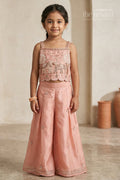 The Nesavu Girls Sharara / Plazo Set Girls Sharara Set for Festive Occasions and Family Celebrations Nesavu 16 (1Y) / Peach / Organza GPS985A-16 Nesavu girls organza sharara set with designer embroidered yoke for weddings and festive celebrations