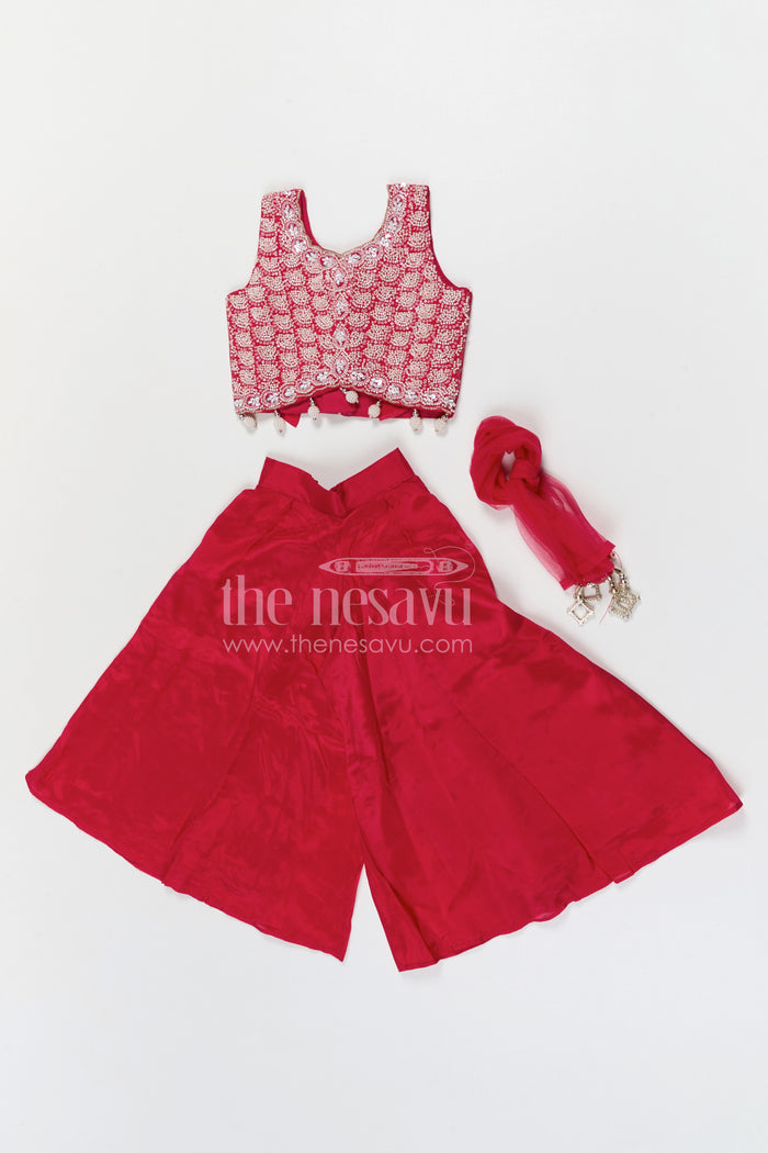 The Nesavu Girls Sharara / Plazo Set Girls Sharara Set for Festive Wear and Traditional Occasions Nesavu Nesavu girls silk crepe sharara set with designer embroidery yoke for festive and wedding wear