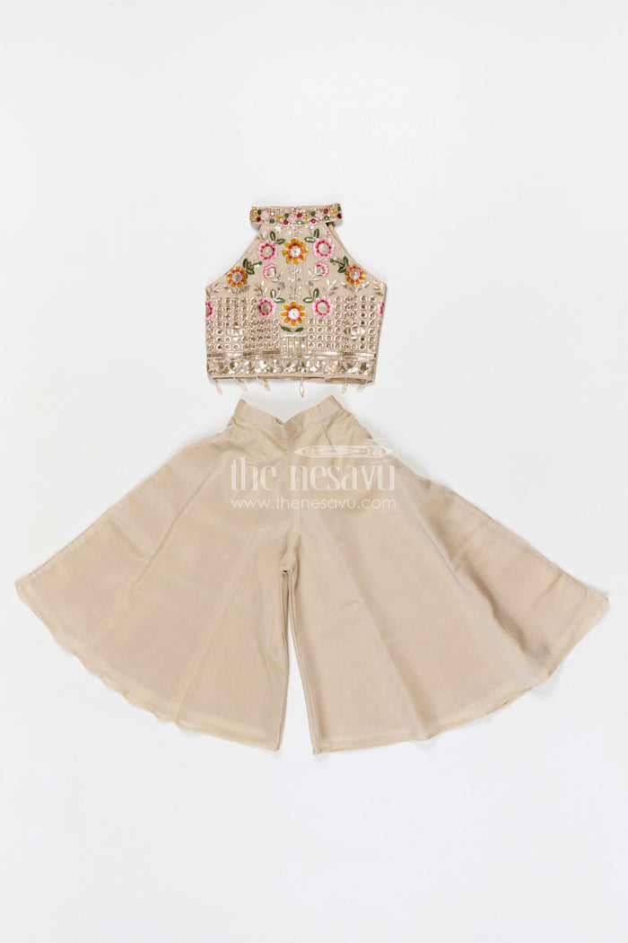 The Nesavu Girls Sharara / Plazo Set Girls Sharara Set for Festive Weddings and Family Functions Nesavu 18 (2Y) / Cream / Viscose Silk GPS966A-18 Nesavu girls sharara set for weddings and festive occasions with sequin embroidered yoke