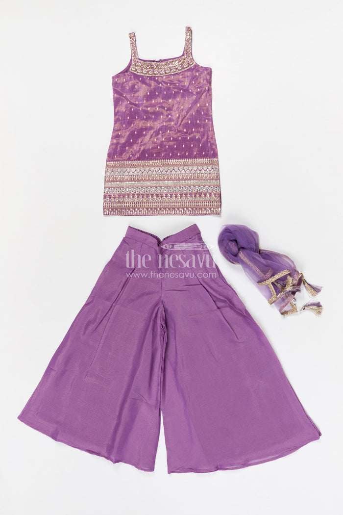 The Nesavu Girls Sharara / Plazo Set Girls Sharara Set for Traditional Functions and Festive Gatherings Nesavu Nesavu girls viscose silk sharara set for festive gatherings with designer embroidered yoke