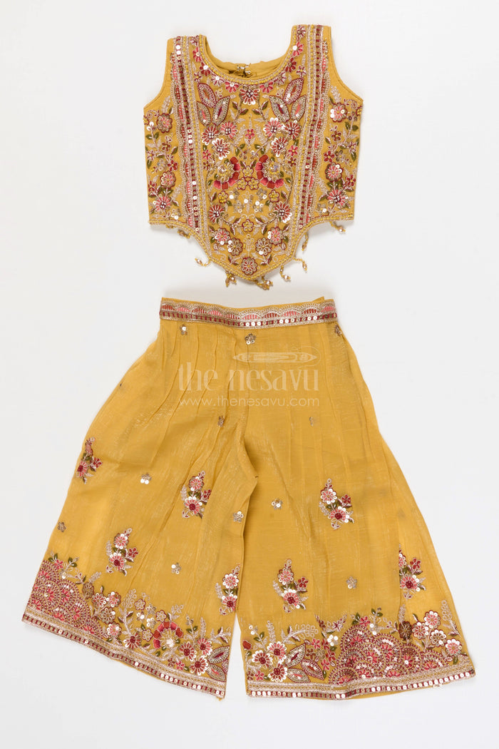 The Nesavu Girls Sharara / Plazo Set Girls Sharara Set for Wedding and Festive Nesavu 18 (2Y) / Yellow / Georgette GPS964A-18 Nesavu Girls Georgette Sharara Set With Designer Embroidered Yoke For Weddings And Festive Occasions
