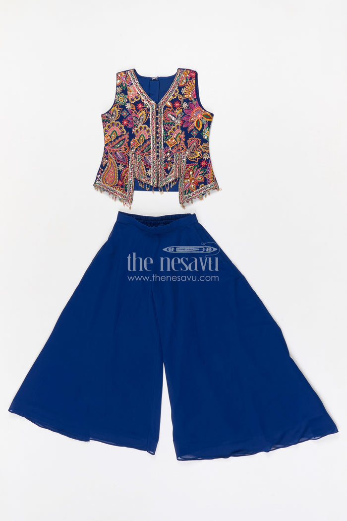 The Nesavu Girls Sharara / Plazo Set Girls Sharara Set for Wedding Functions Nesavu 26 (6Y) / Blue / Georgette GPS969A-26 Nesavu girls georgette sharara set for weddings with thread embroidery yoke