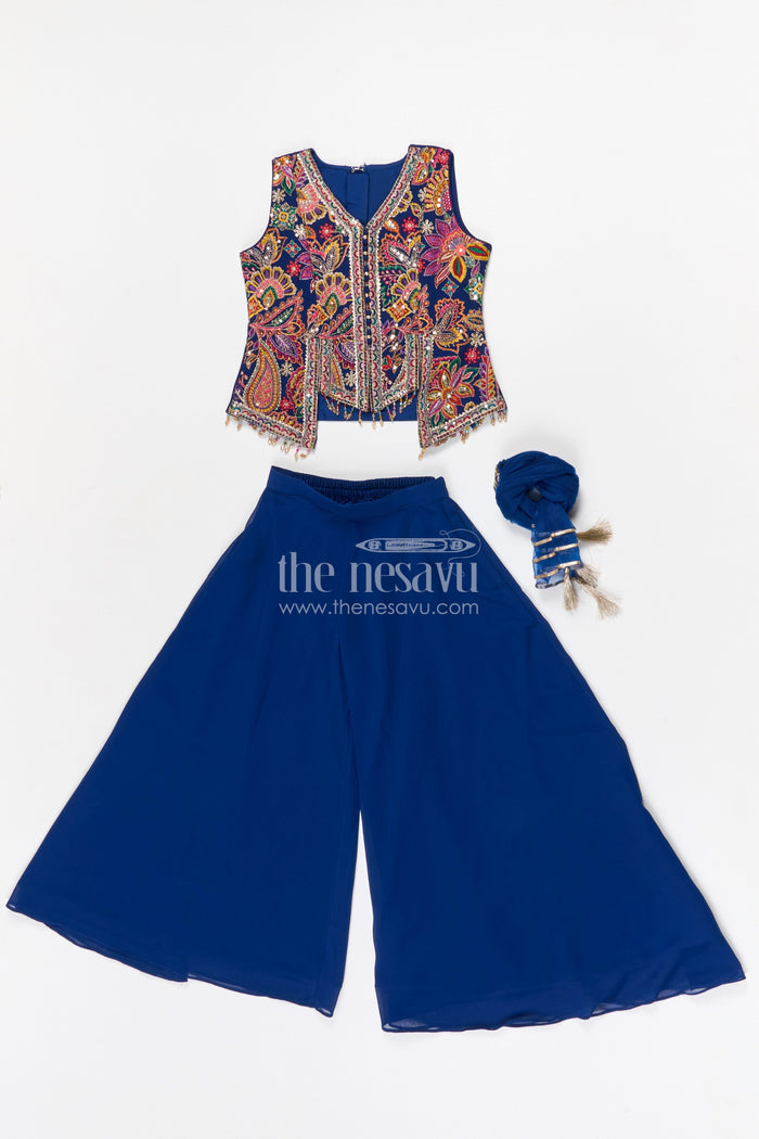 The Nesavu Girls Sharara / Plazo Set Girls Sharara Set for Wedding Functions Nesavu Nesavu girls georgette sharara set for weddings with thread embroidery yoke