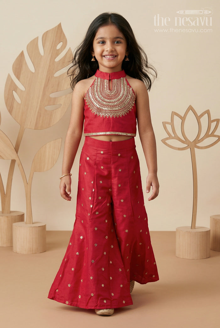 The Nesavu Girls Sharara / Plazo Set Girls Sharara Set for Weddings and Cultural Events Nesavu 24 (5Y) / Red / Modal GPS1040A-24 Nesavu Girls Sharara Set For Weddings With Modal Silk And Designer Embroidery Yoke Red Festive Outfit