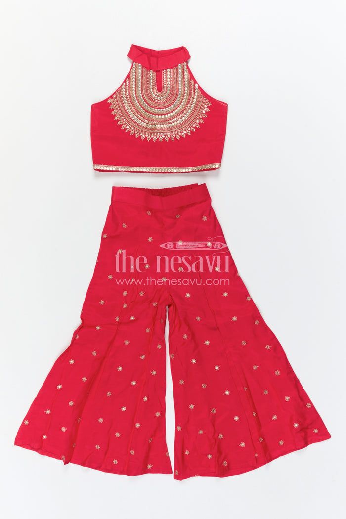 The Nesavu Girls Sharara / Plazo Set Girls Sharara Set for Weddings and Cultural Events Nesavu Nesavu Girls Sharara Set For Weddings With Modal Silk And Designer Embroidery Yoke Red Festive Outfit