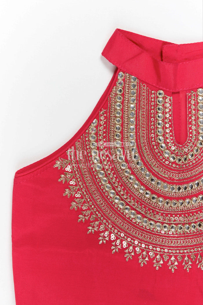 The Nesavu Girls Sharara / Plazo Set Girls Sharara Set for Weddings and Cultural Events Nesavu Nesavu Girls Sharara Set For Weddings With Modal Silk And Designer Embroidery Yoke Red Festive Outfit