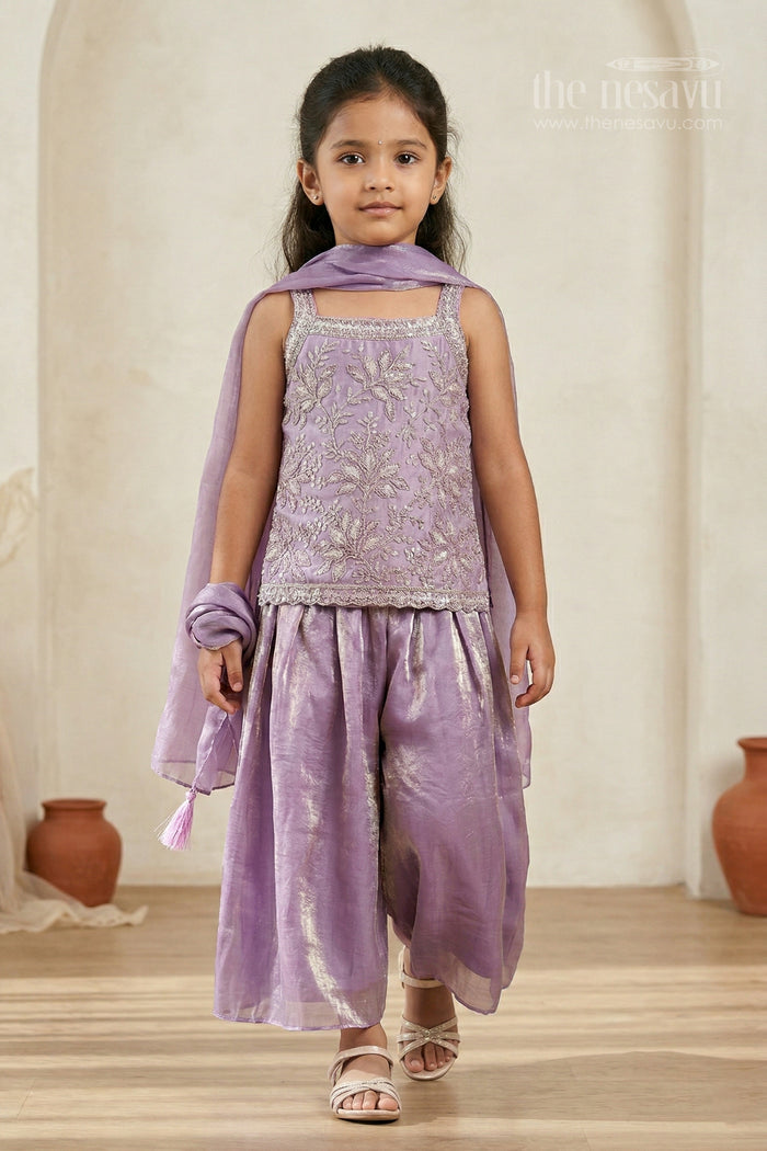 The Nesavu Girls Sharara / Plazo Set Girls Sharara Set for Weddings and Festival Celebrate. Nesavu 24 (5Y) / Purple / Organza GPS987A-24 Nesavu girls glaze organza sharara set with designer embroidered yoke for weddings and festive celebrations