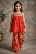 The Nesavu Girls Sharara / Plazo Set Girls Sharara Set for Weddings and Festive Family Occasions Nesavu 16 (1Y) / Red / Viscose GPS1068A-16 Nesavu Girls Sharara Set With Floral Sharara Pants And Designer Embroidered Kurti