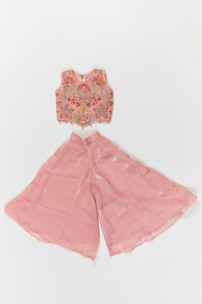 The Nesavu Girls Sharara / Plazo Set Girls Sharara Set with Cut Beads Embroidery for Festive Dressing Nesavu 18 (2Y) / Peach / Organza GPS937B-18 Nesavu girls sharara set in organza with embroidered yoke – perfect for festive occasions and ceremonies