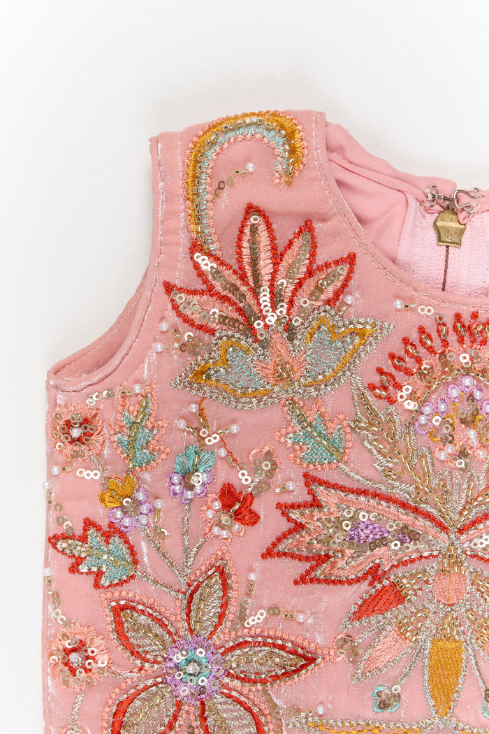 The Nesavu Girls Sharara / Plazo Set Girls Sharara Set with Cut Beads Embroidery for Festive Dressing Nesavu Nesavu girls sharara set in organza with embroidered yoke – perfect for festive occasions and ceremonies