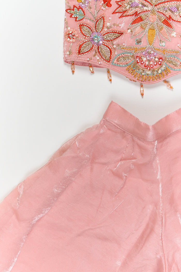 The Nesavu Girls Sharara / Plazo Set Girls Sharara Set with Cut Beads Embroidery for Festive Dressing Nesavu Nesavu girls sharara set in organza with embroidered yoke – perfect for festive occasions and ceremonies