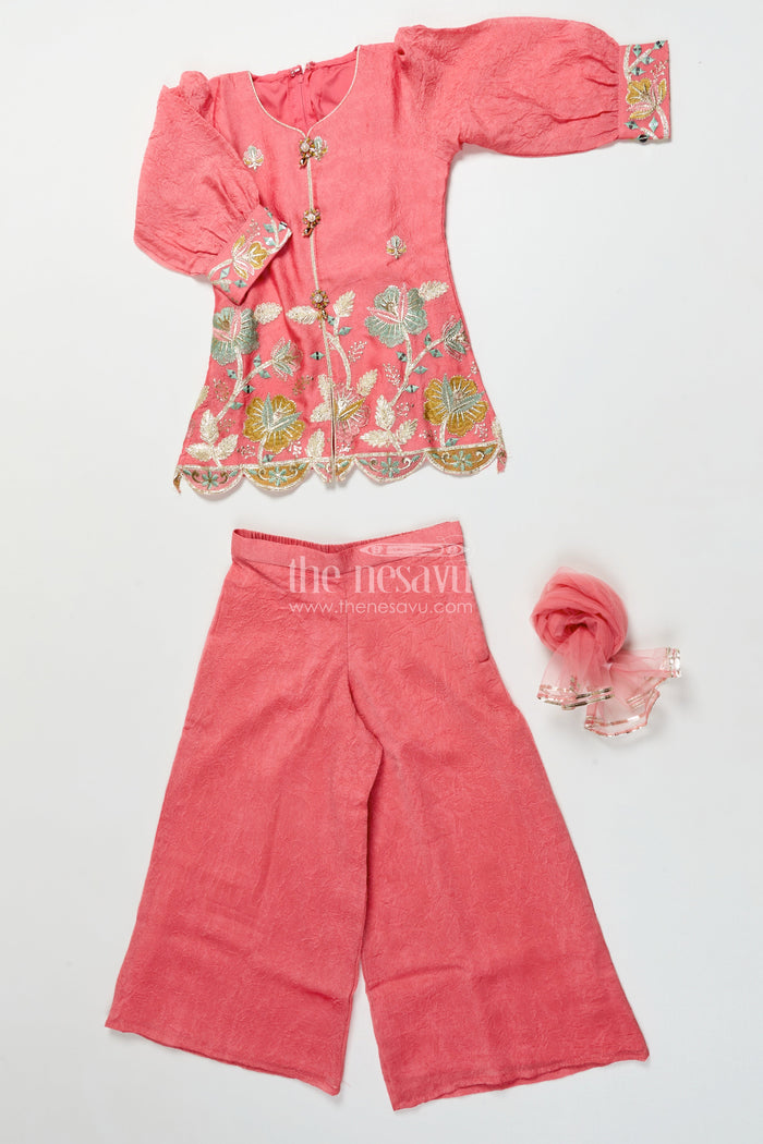 The Nesavu Girls Sharara / Plazo Set Girls Sharara Set with Embroidered Organza Yoke for Festive Events Nesavu Nesavu girls sharara set organza embroidered yoke weddings festive wear