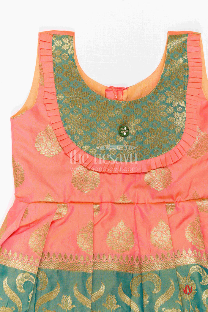 The Nesavu Girls Kanchi Silk Frock Girls Silk Frock for Navaratri Celebrations and Traditional Events Nesavu Nesavu Girls Semi Kanchivaram Silk Frock With Grand Border For Festive And Cultural Occasions