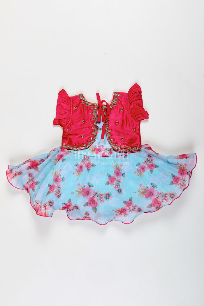 The Nesavu Silk Frock Girls Silk Frock with Floral Print and Festive Jacket for Weddings and Functions Nesavu Nesavu Girls Silk Frock With Floral Print And Magenta Jacket Festive Ethnic Wear For Toddlers