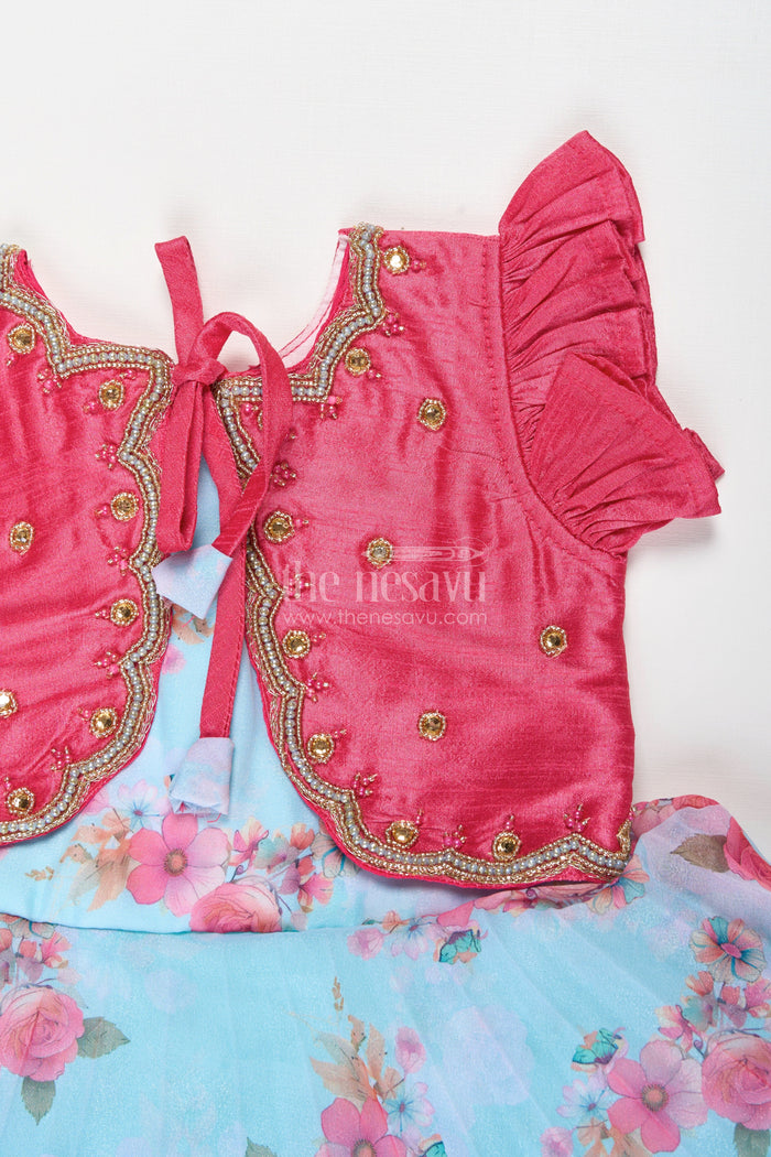 The Nesavu Silk Frock Girls Silk Frock with Floral Print and Festive Jacket for Weddings and Functions Nesavu Nesavu Girls Silk Frock With Floral Print And Magenta Jacket Festive Ethnic Wear For Toddlers