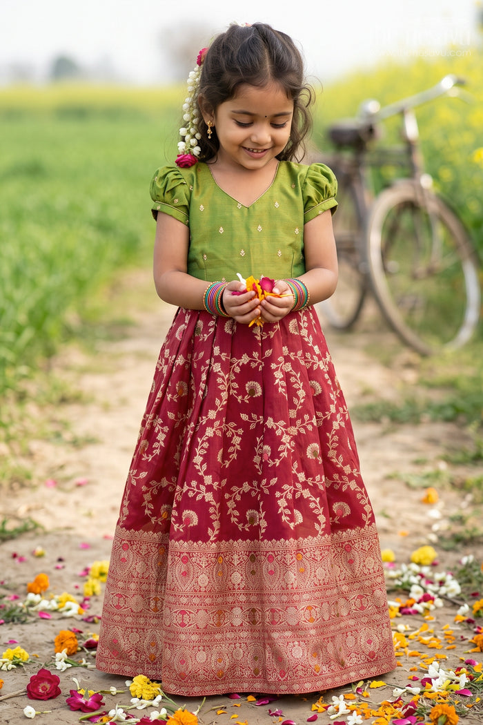 The Nesavu Girls Silk Gown Girls Silk Gown for Cultural Events and Grand Festive Occasions Nesavu 22 (4Y) / Green / Semi Banarasi GA410A-22 Nesavu Girls Semi Banaras Silk Gown With Embroidered Yoke For Festive Celebrations