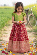 The Nesavu Girls Silk Gown Girls Silk Gown for Cultural Events and Grand Festive Occasions Nesavu 22 (4Y) / Green / Semi Banarasi GA410A-22 Nesavu Girls Semi Banaras Silk Gown With Embroidered Yoke For Festive Celebrations