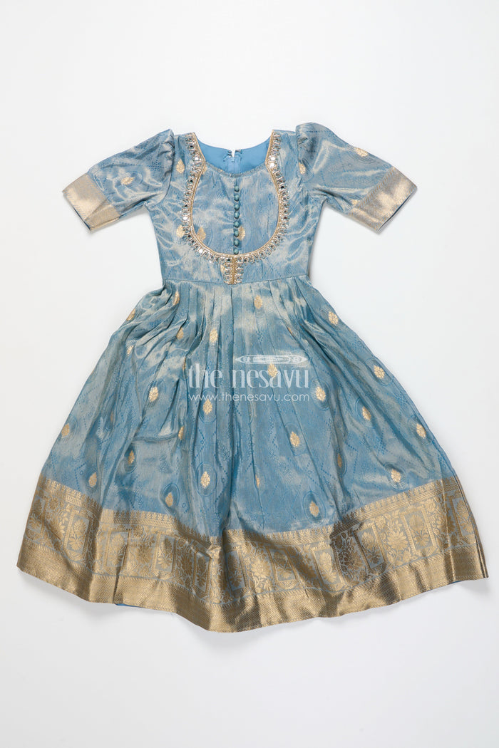 The Nesavu Girls Silk Gown Girls Silk Gown for Weddings and Traditional Family Functions Nesavu 24 (5Y) / Blue GA384A-24 Nesavu girls silk gown traditional zari border weddings cultural celebrations
