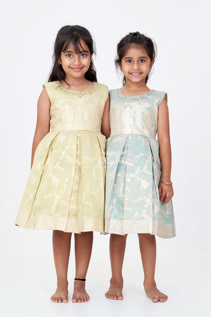 The Nesavu Silk Party Frock Girls Silk Short Frock with Embroidered Neckline and Pleated Skirt for Party Wear Nesavu Nesavu Girls Silk Short Frock Pleated Skirt Embroidered Neckline Party Wear