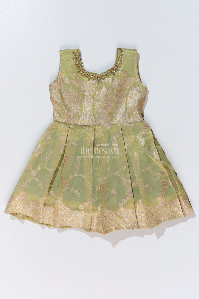 The Nesavu Silk Party Frock Girls Silk Short Frock with Embroidered Neckline and Pleated Skirt for Party Wear Nesavu Nesavu Girls Silk Short Frock Pleated Skirt Embroidered Neckline Party Wear