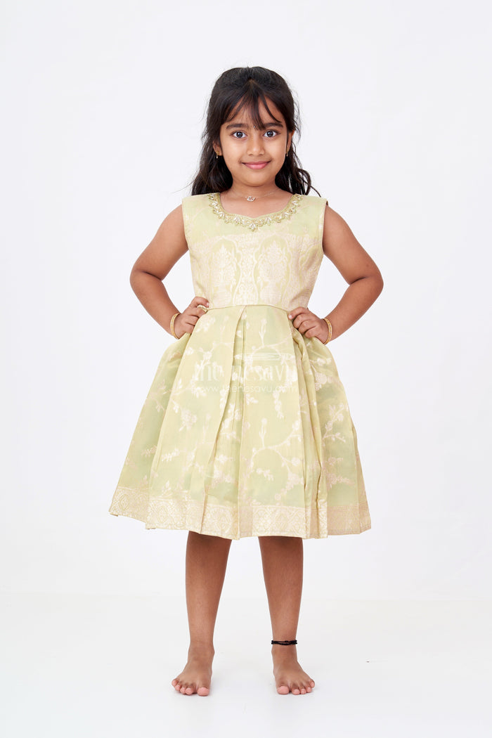The Nesavu Silk Party Frock Girls Silk Short Frock with Embroidered Neckline and Pleated Skirt for Party Wear Nesavu 16 (1Y) / Cream SF976A-16 Girls Silk Short Frock Pleated Skirt Embroidered Neckline Party Wear | The Nesavu
