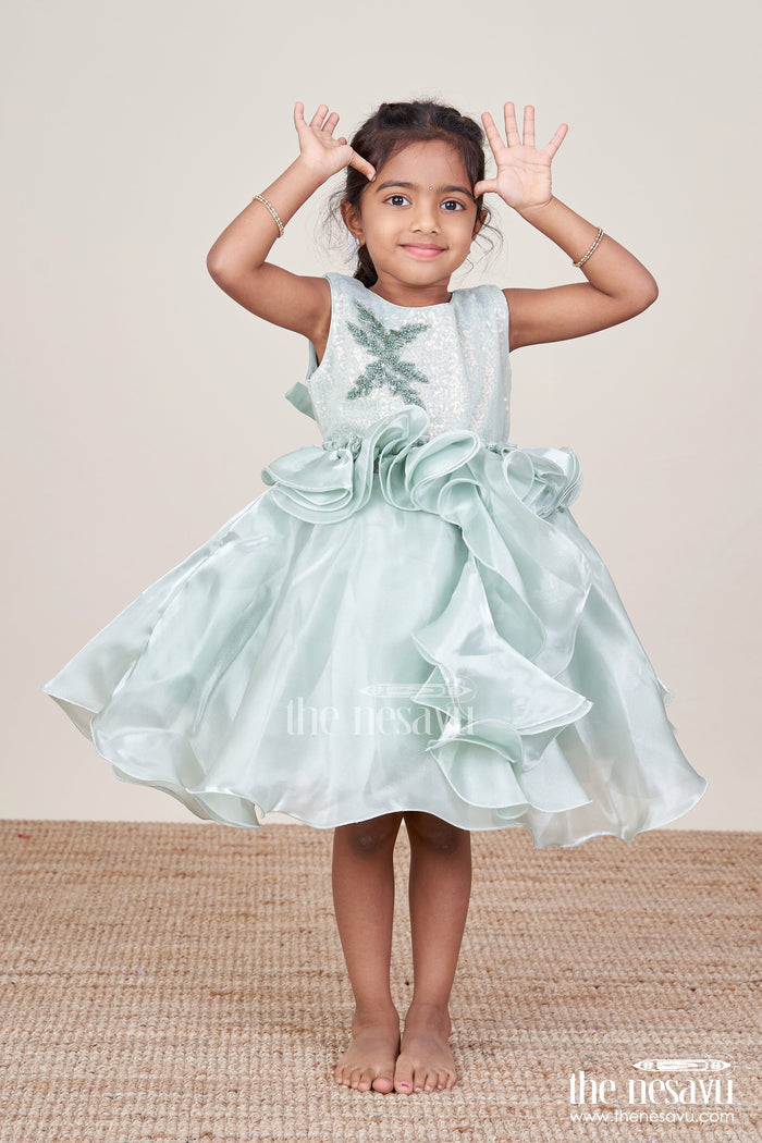 The Nesavu Girls Fancy Party Frock Girls Sleeveless Organza Frock with Layered Ruffle Skirt Nesavu 16 (1Y) / Green PF251A-16 Nesavu girls ruffle organza frock birthdays events