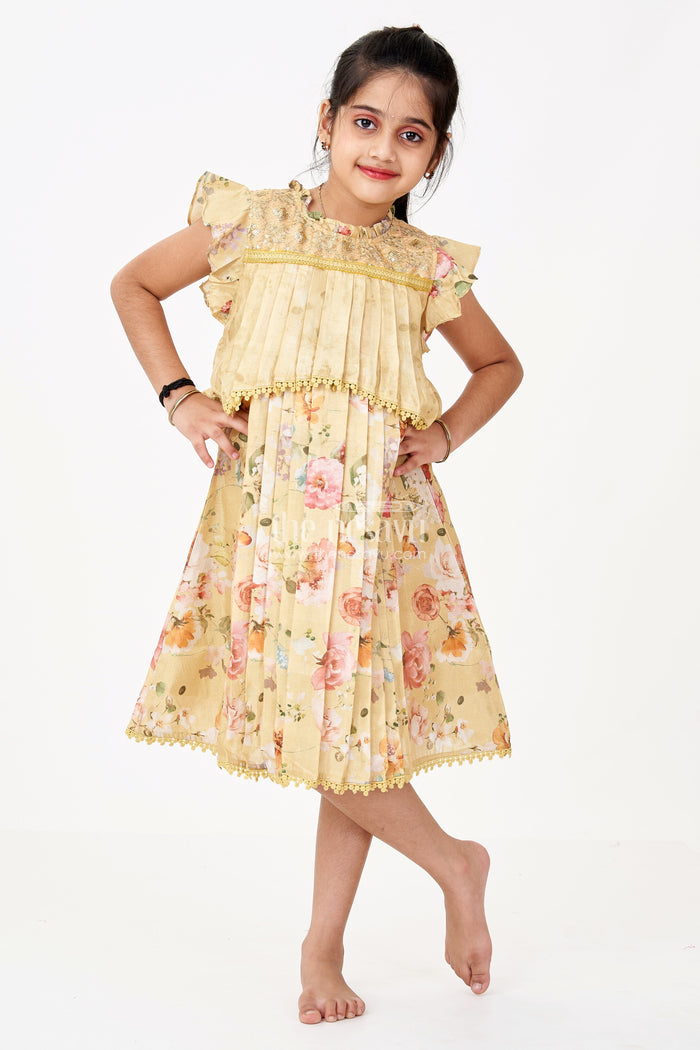 The Nesavu Girls Fancy Frock Girls Special Eid Frock in Yellow Cotton Blend with Floral Print and Sequin Embroidery Yoke Nesavu 22 (4Y) / Yellow GFC1410B-22 Nesavu Girls Special Eid Frock Yellow Floral Cotton Blend Sequin Embroidery Lace Details
