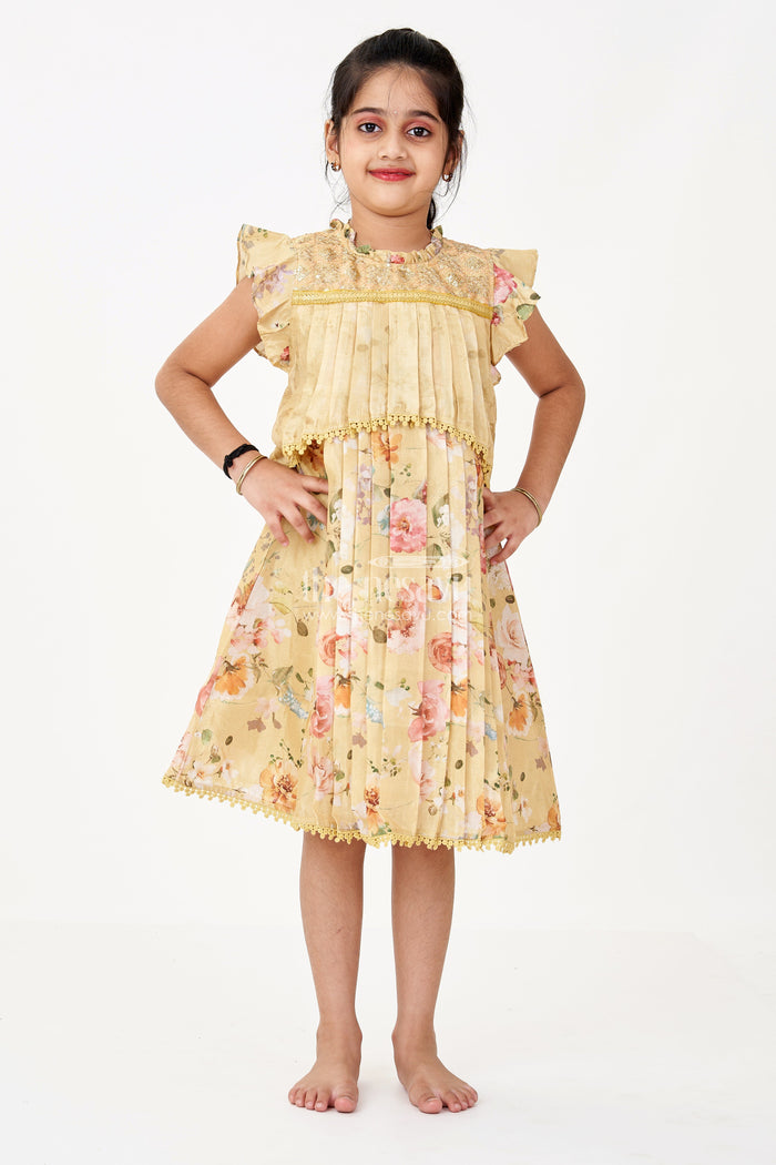 The Nesavu Girls Fancy Frock Girls Special Eid Frock in Yellow Cotton Blend with Floral Print and Sequin Embroidery Yoke Nesavu Nesavu Girls Special Eid Frock Yellow Floral Cotton Blend Sequin Embroidery Lace Details