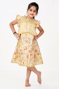 The Nesavu Girls Fancy Frock Girls Special Eid Frock in Yellow Cotton Blend with Floral Print and Sequin Embroidery Yoke Nesavu 22 (4Y) / Yellow GFC1410B-22 Girls Special Eid Frock Yellow Floral Cotton Blend Sequin Embroidery Lace Details | The Nesavu