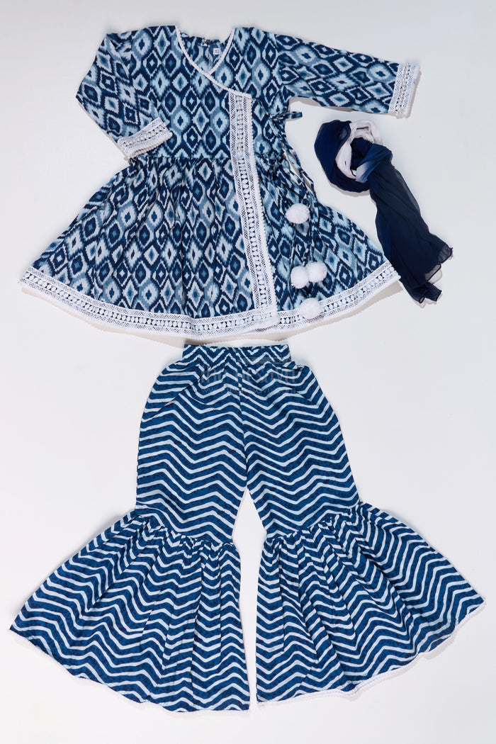 The Nesavu Girls Sharara / Plazo Set Girls Suit Plazo Set with Ikat Inspired Print and Pom-Pom Detailing in Blue and White Nesavu Nesavu Girls Blue White Suit Plazo Set Ikat Inspired Print Pom-Pom Detailing