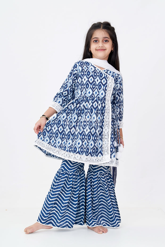 The Nesavu Girls Sharara / Plazo Set Girls Suit Plazo Set with Ikat Inspired Print and Pom-Pom Detailing in Blue and White Nesavu 24 (5Y) / Blue GPS545A-24 Girls Blue White Suit Plazo Set Ikat Inspired Print Pom-Pom Detailing | The Nesavu