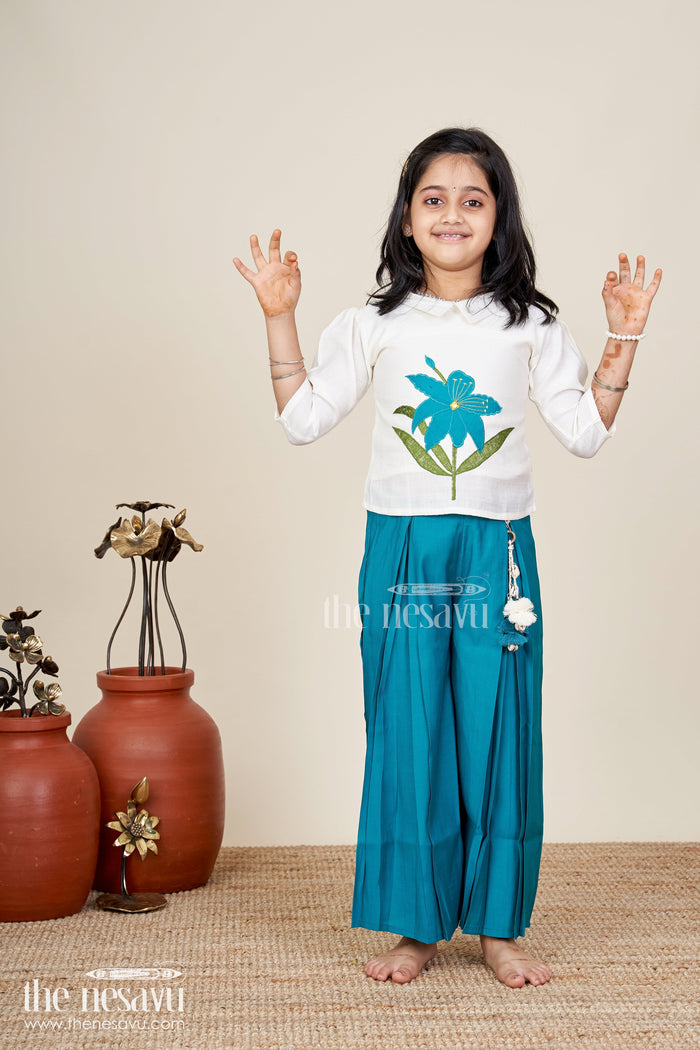 The Nesavu Girls Sharara / Plazo Set Girls teal floral embroidery top and palazzo pants set Nesavu Nesavu girls teal floral embroidered cotton top with matching palazzo festive and comfortable outfit
