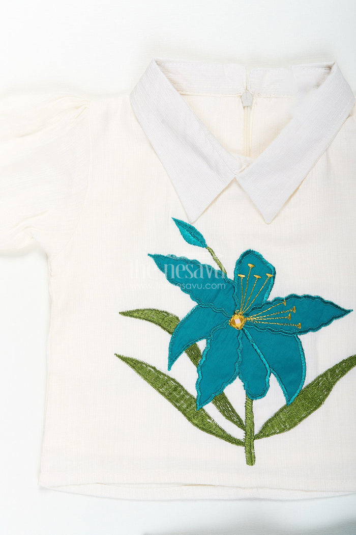 The Nesavu Girls Sharara / Plazo Set Girls teal floral embroidery top and palazzo pants set Nesavu Nesavu girls teal floral embroidered cotton top with matching palazzo festive and comfortable outfit