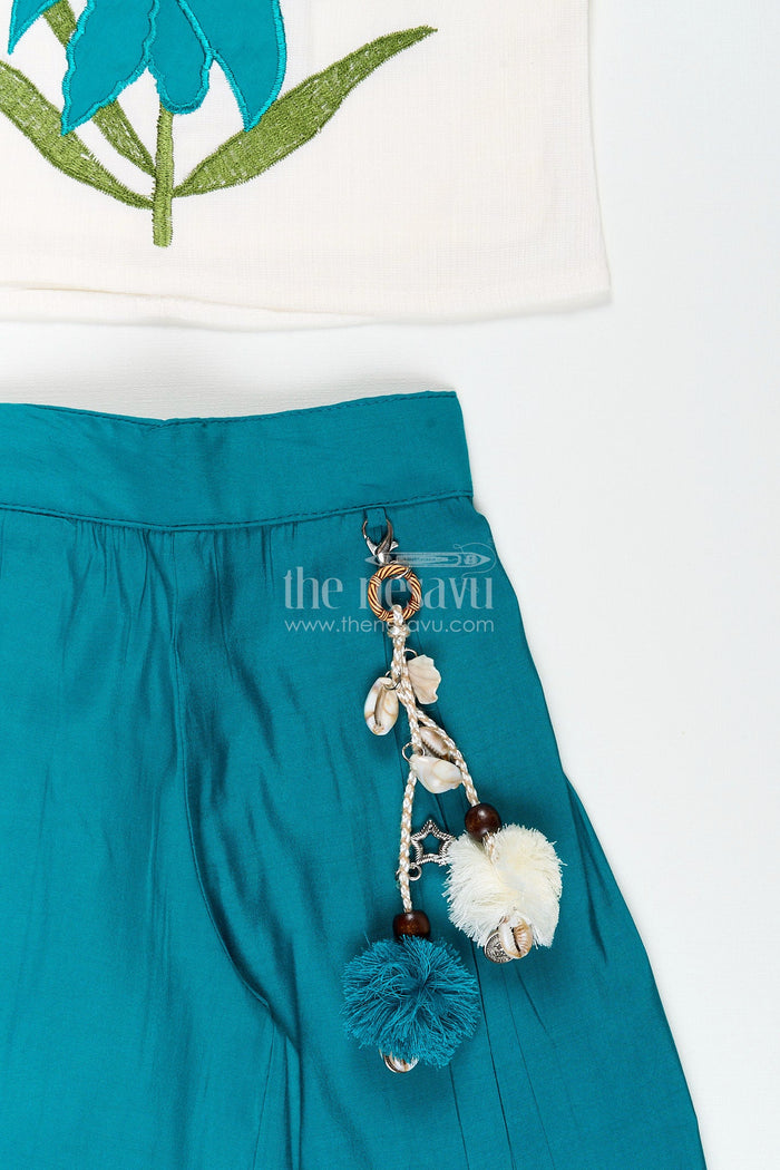 The Nesavu Girls Sharara / Plazo Set Girls teal floral embroidery top and palazzo pants set Nesavu Nesavu girls teal floral embroidered cotton top with matching palazzo festive and comfortable outfit