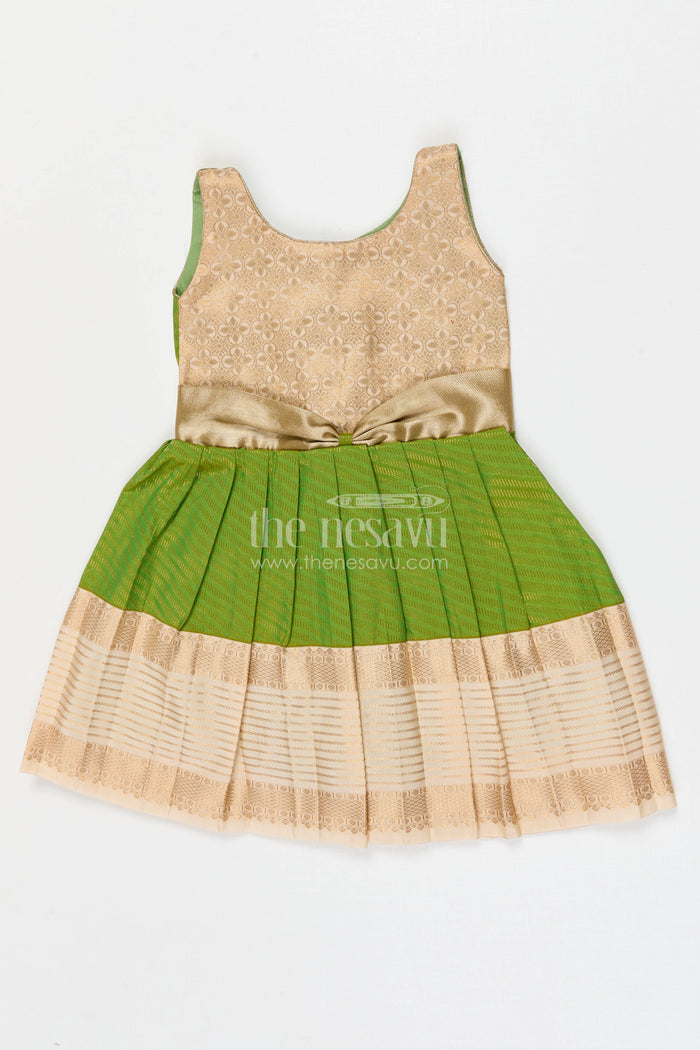 The Nesavu Girls Kanchi Silk Frock Girls Temple Wear Silk Frock for Traditional Occasions Nesavu 10 (NB) / Green / Style 1 KSF028AA-10 Nesavu Girls Temple Wear Kanchivaram Silk Frock For Traditional Ceremonies And Festive Occasions