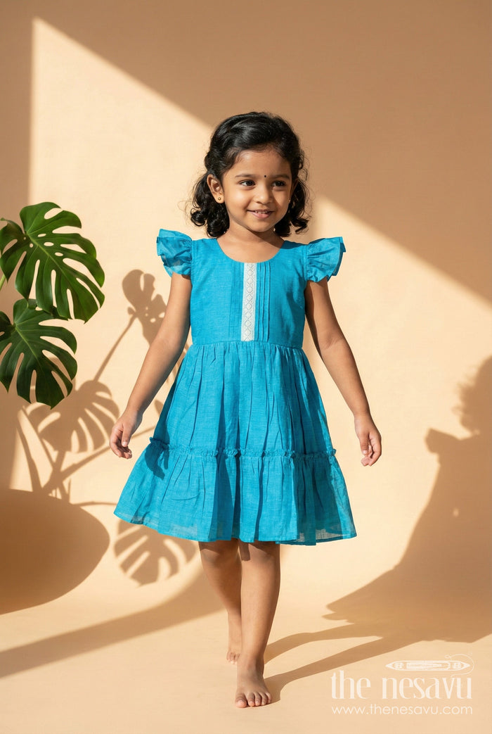The Nesavu Girls Chanderi Frock Girls Traditional Frock for School Ethnic Days and Family Events Nesavu 18 (2Y) / Blue / Chanderi GFC2071B-18 Nesavu traditional cotton frock for girls with ethnic design for school events and poojas