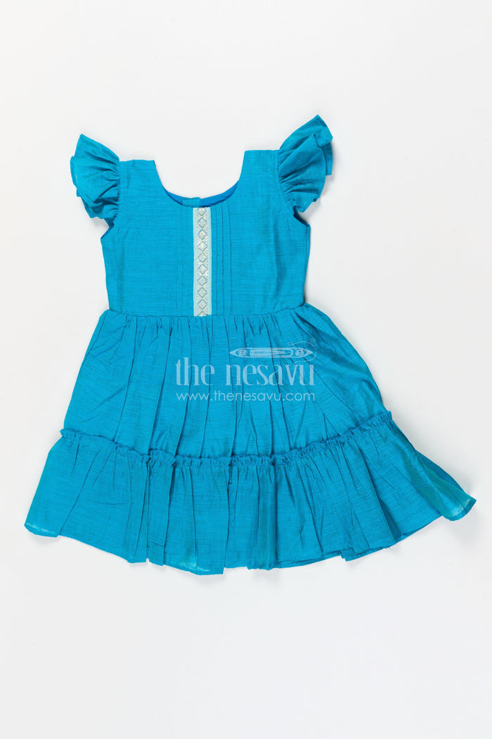 The Nesavu Girls Chanderi Frock Girls Traditional Frock for School Ethnic Days and Family Events Nesavu 18 (2Y) / Blue / Chanderi GFC2071B-18 Nesavu traditional cotton frock for girls with ethnic design for school events and poojas